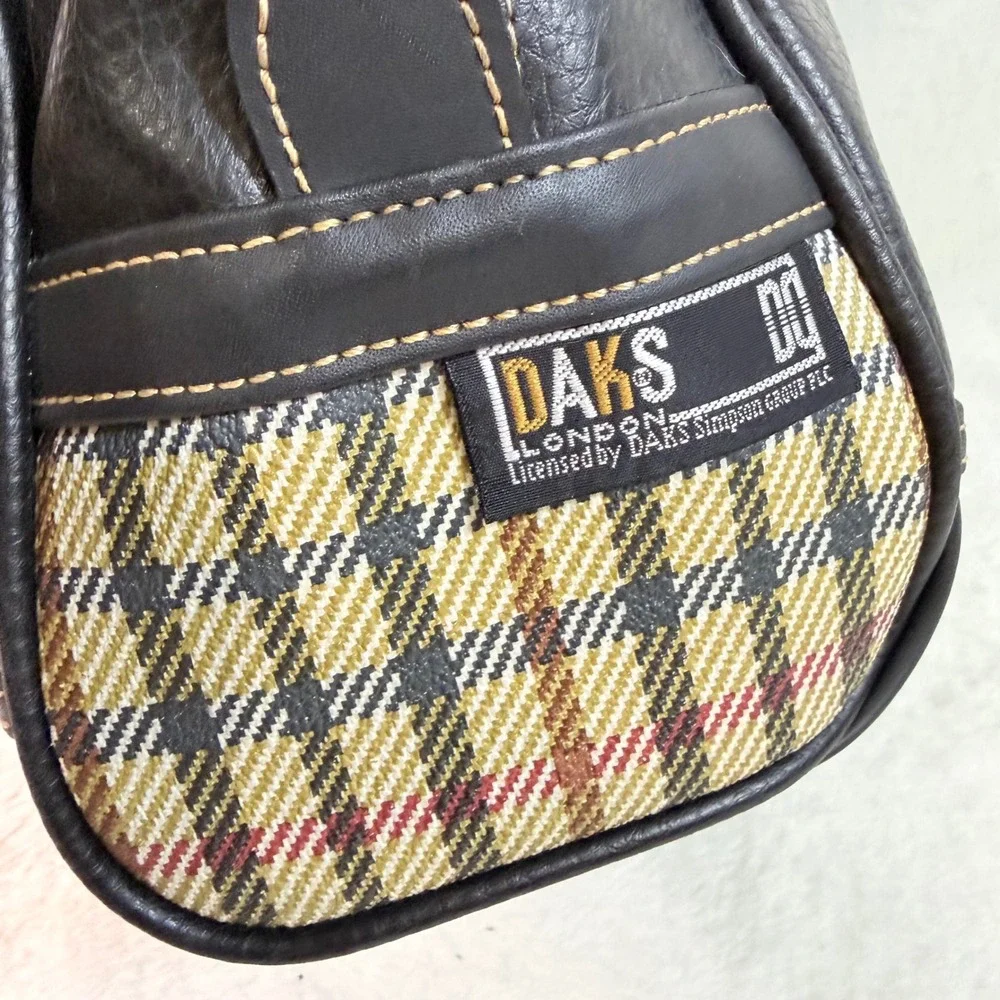 Daks London Vintage Black Pebbled Leather Satchel Bag House Check Plaid‎ Trim